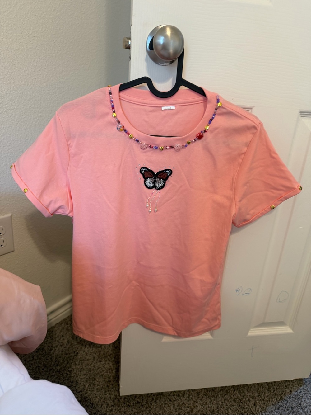 Women's Pink Beaded Butterfly Tee